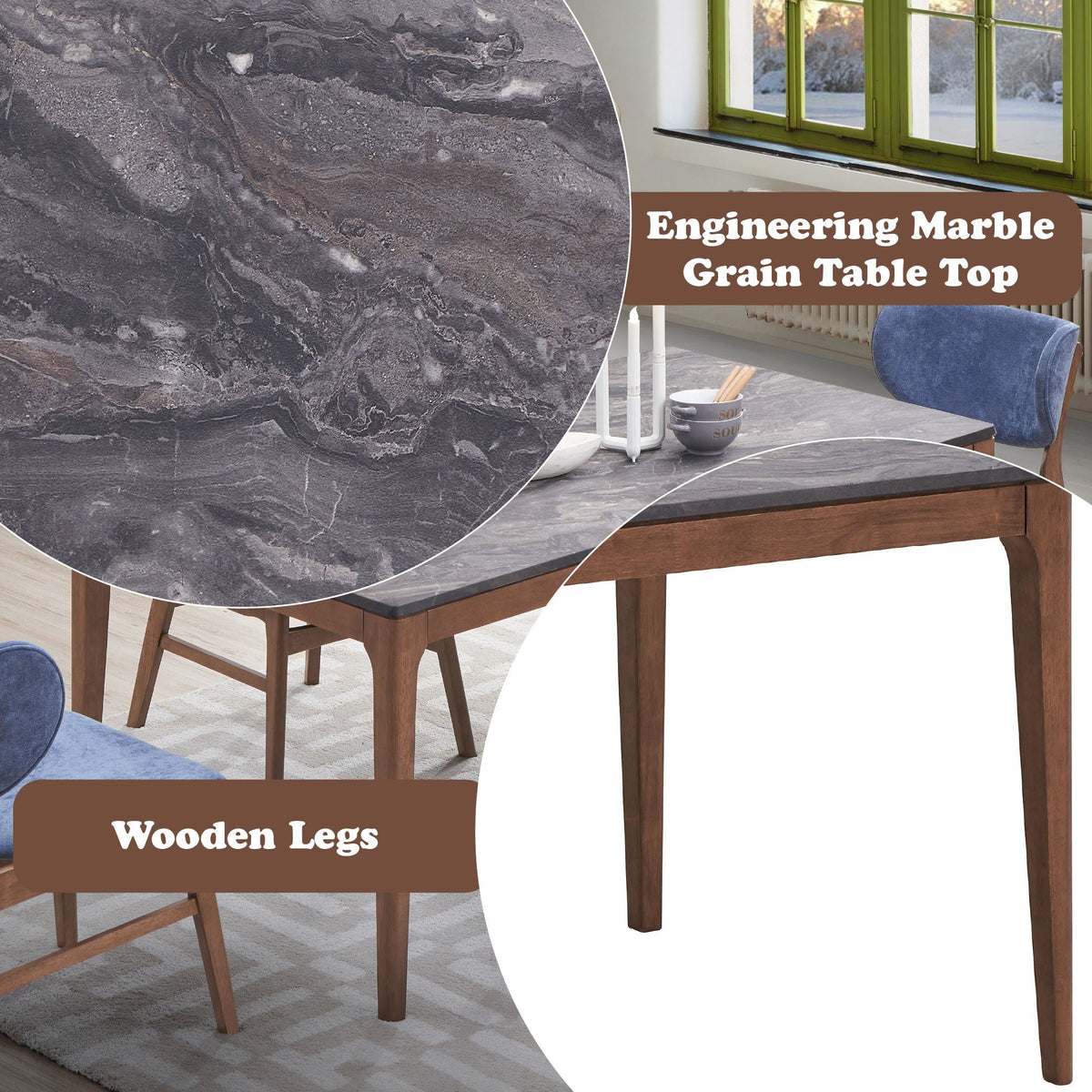 5 Piece Dining Room Set with Upholstered Chairs - Blue or Dark Green