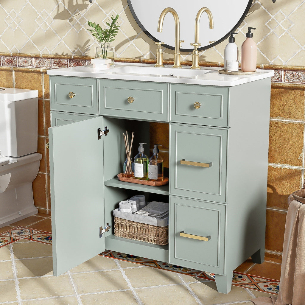 36" Green Bathroom Vanity with Ceramic Sink - Solid Wood Frame