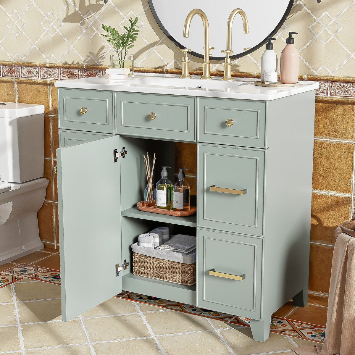 36" Green Bathroom Vanity with Ceramic Sink - Solid Wood Frame