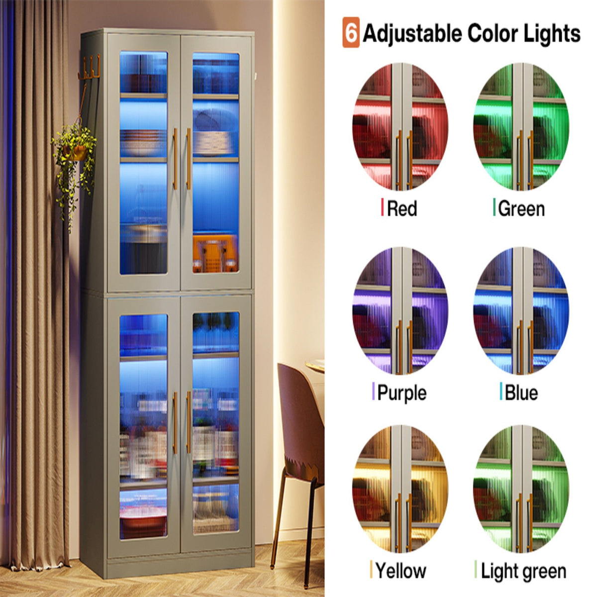 Bookcase With Doors and LED Lighting with Adjustable Shelves - Black, Gray, White