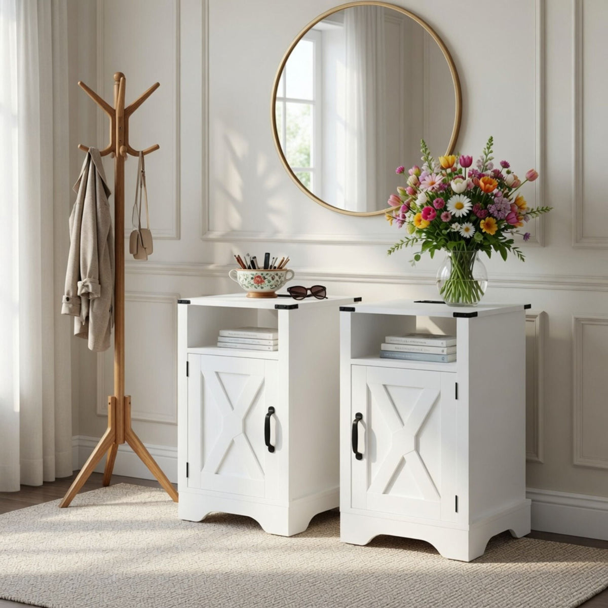 Farmhouse Nightstand with Charging Station & Storage - Multiple Colors