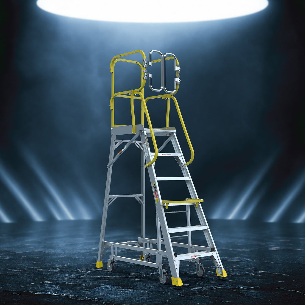 6 Step Aluminum Rolling Platform Ladder with 375 lb Capacity - Silver