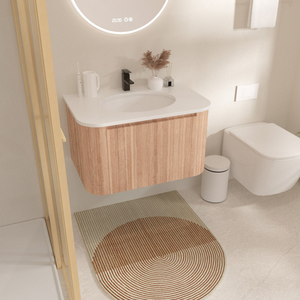 Light Brown Wall Mounted Bathroom Vanity with Sink - Curved Front