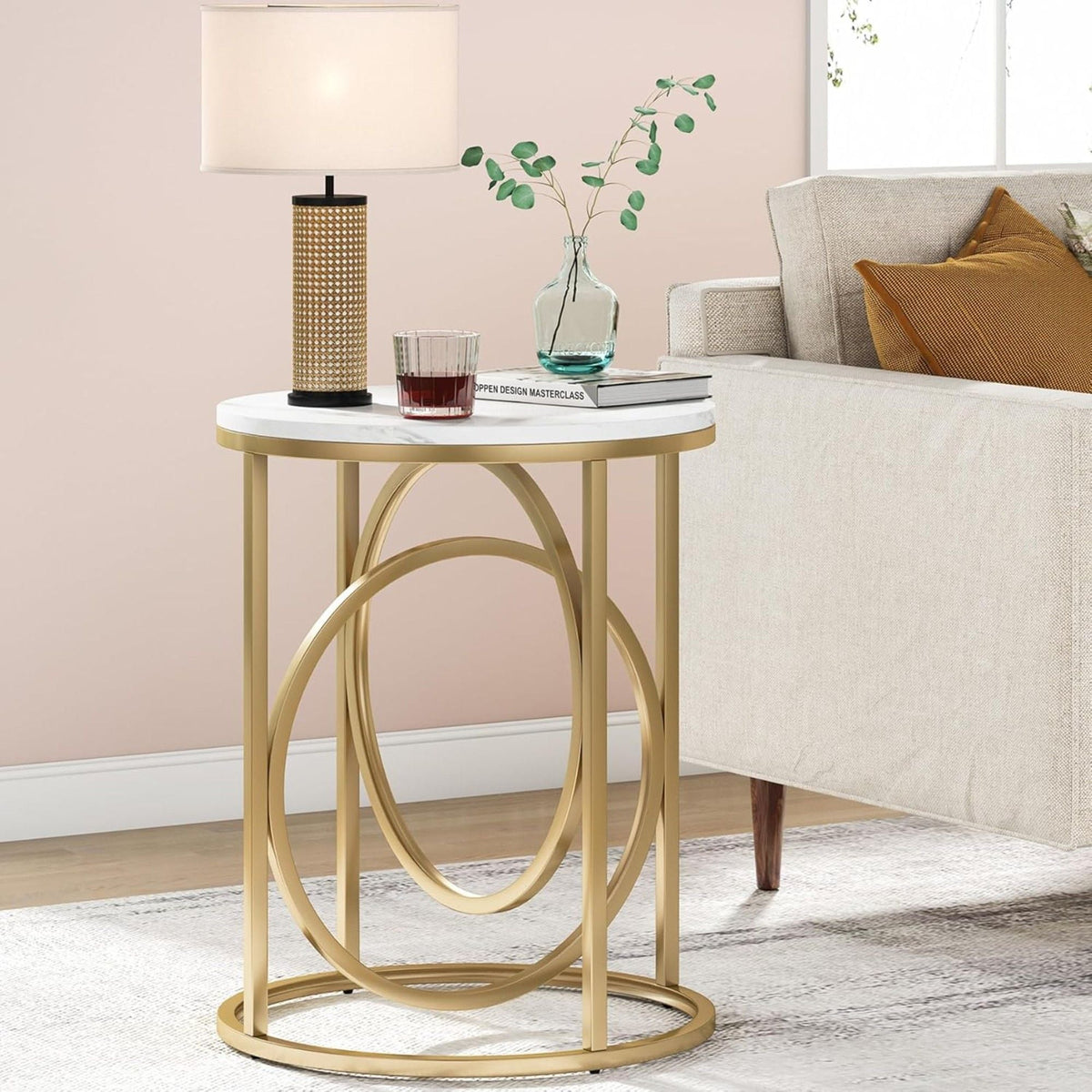 Round End Table with Faux Marble Top - White and Gold