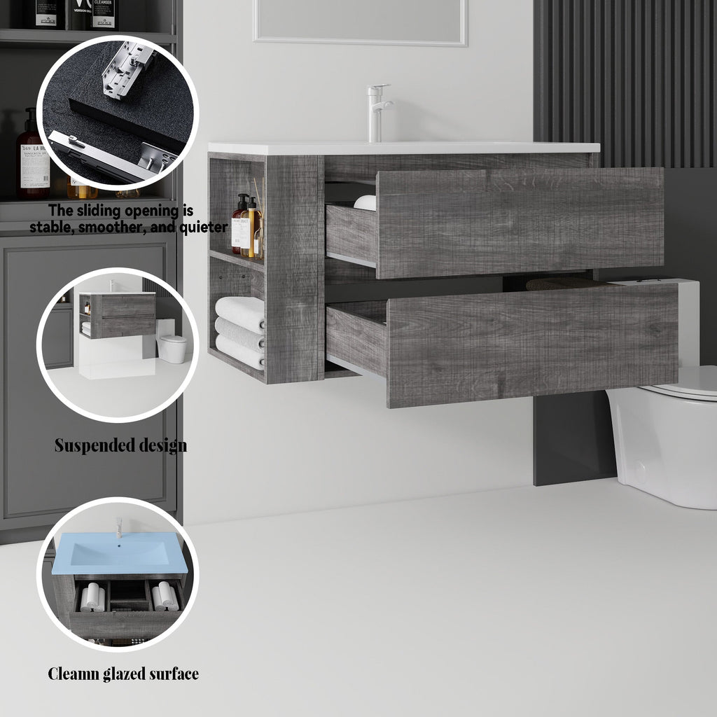 36 Inch Floating Bathroom Vanity with Ceramic Sink and Soft-Close Doors - Multiple Colors