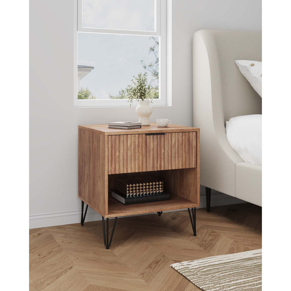 Modern Nightstand with Fluted Drawer and Metal Handles - Multiple Colors