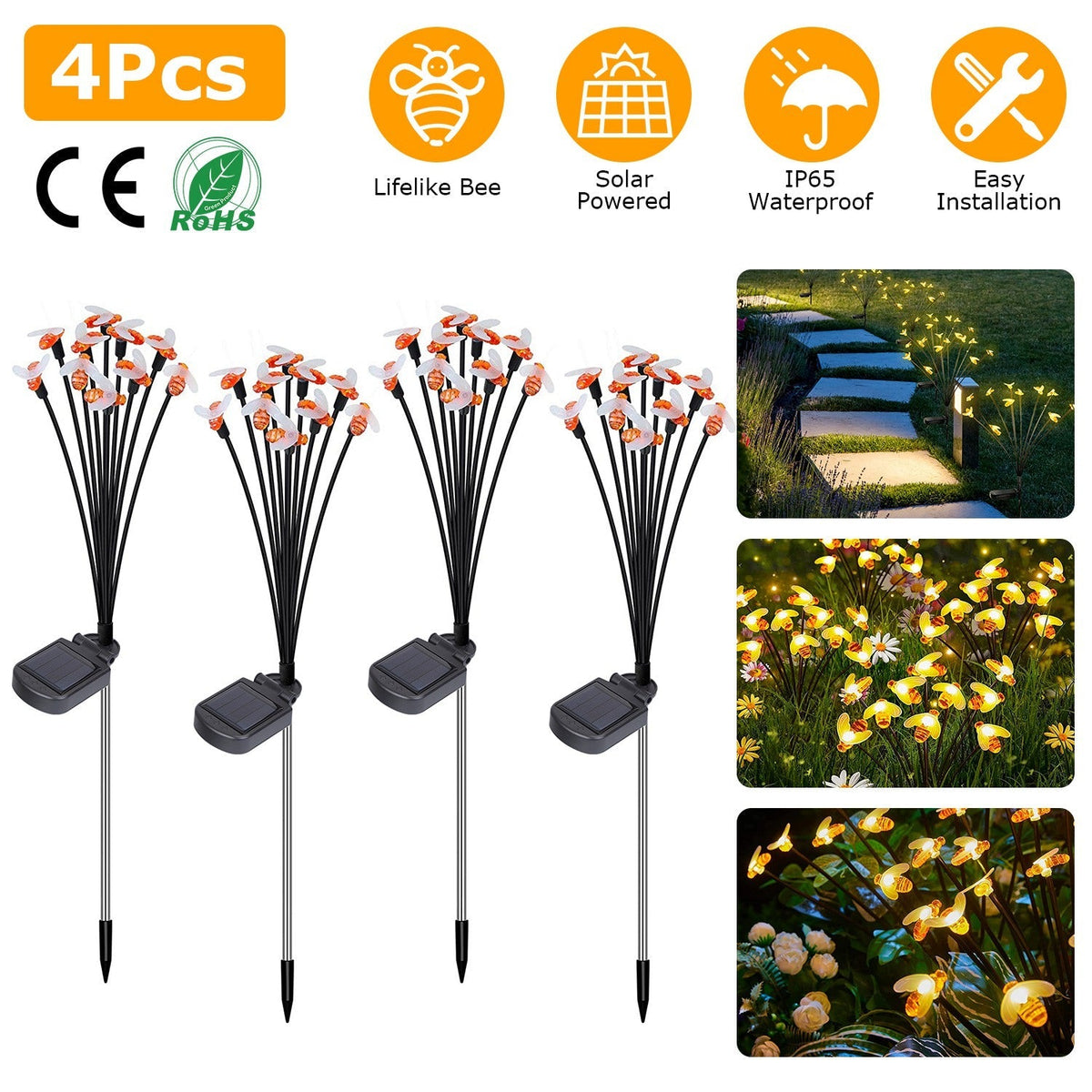 4Pack Solar Powered Stake Bee Light 2 Lighting Mode Lifelike Firefly Decorative Stake Lamp IP65 Waterproof Outdoor Landscape Garden Light Warm Yellow