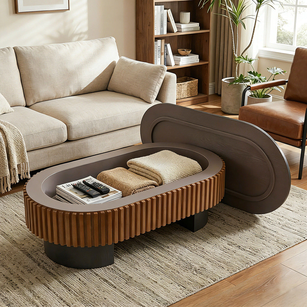 Elliptical Living Room Coffee Table with Hidden Storage and Removable Tabletop - Black or Light Brown