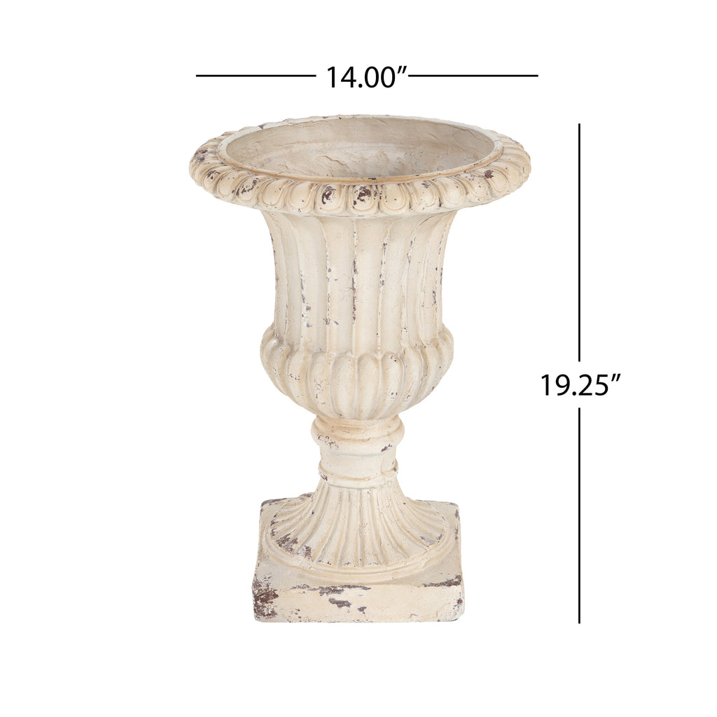 Antique White Garden Urn Planter with Drainage - 14" W x 19.25" H