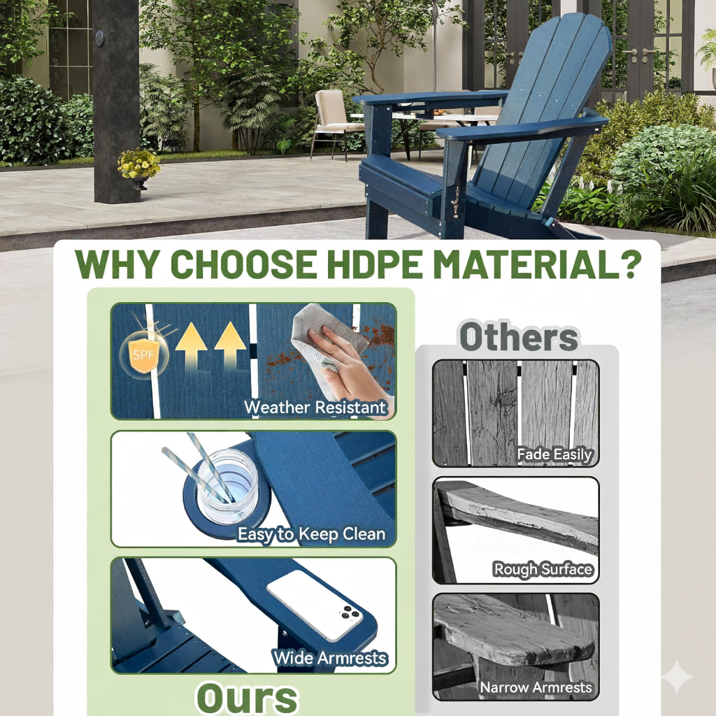 Foldable HDPE Adirondack Chair with Built-In Cup Holder - Dark Blue