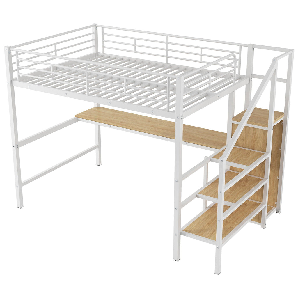 Full Size Loft Bed with Desk, Storage Staircase & Wardrobe - Black or White