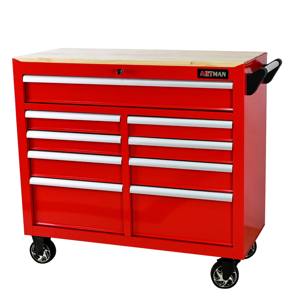 9 Drawer Multifunctional Steel Tool Cart With Wheels And Wooden Top