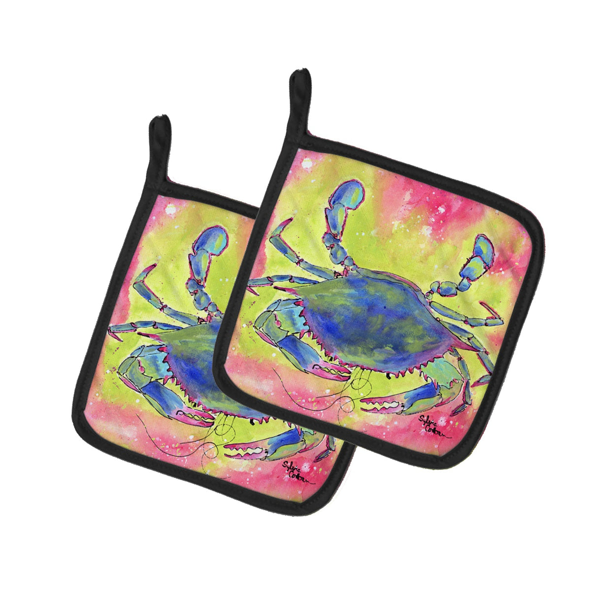 Blue Crab Bright Pink and Green Pot Holder Set of 2 Heat Resistant Quilted Hot Pads 7.5 x 7.5 Inch, Insulated Kitchen Trivets for Cooking & Baking