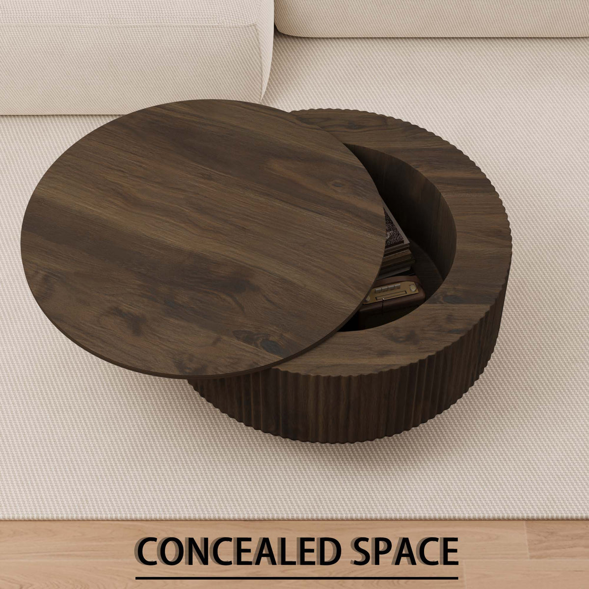Modern Circular Coffee Table with Stripe Design and Storage Space - Light Brown or Dark Brown