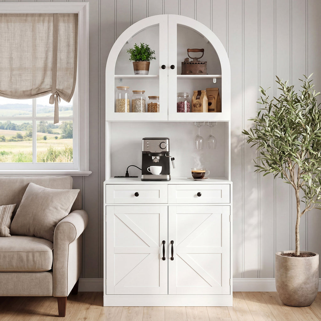 75" Farmhouse Tall Arched Pantry Cabinet with Charging Station - Oak or White