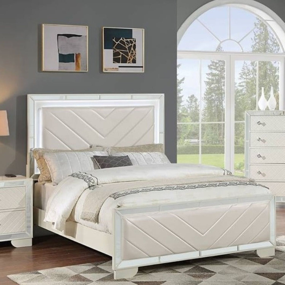 Contemporary 3 Piece Bedroom Set with LED Lights - Beige