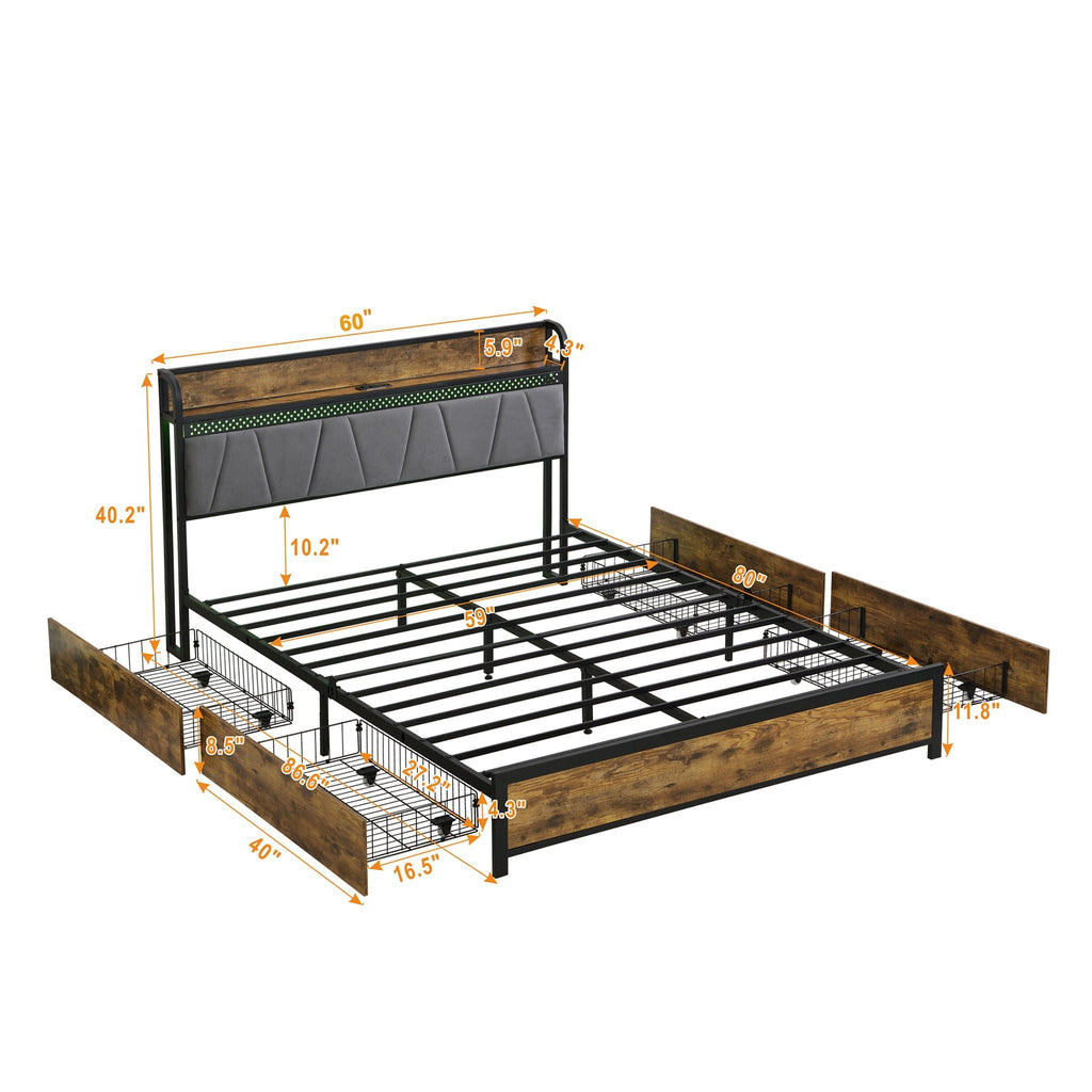 Modern Platform Bed Frame with LED Lights and USB Charging - Dark Brown or Light Brown