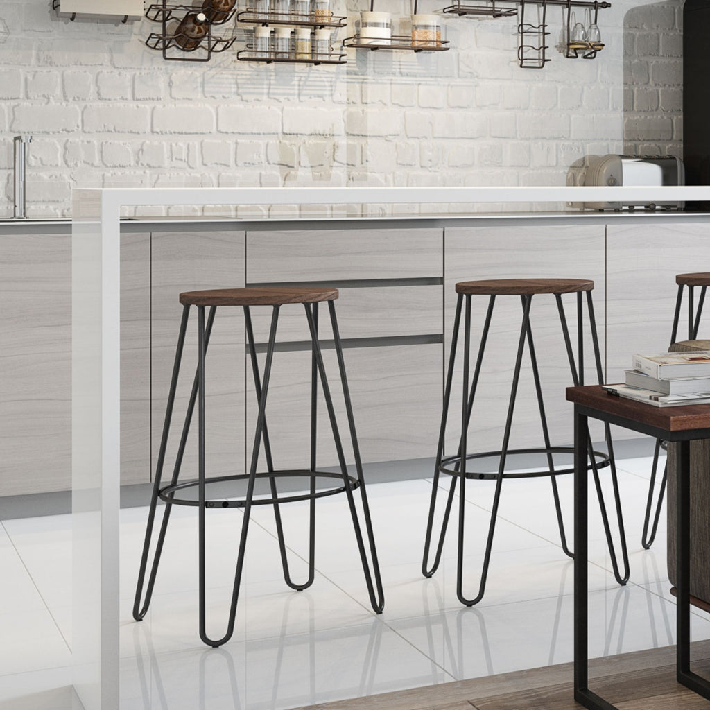 Multifunctional Metal Counter Height Stool with Solid Wood Seat - Dark Brown or Beige