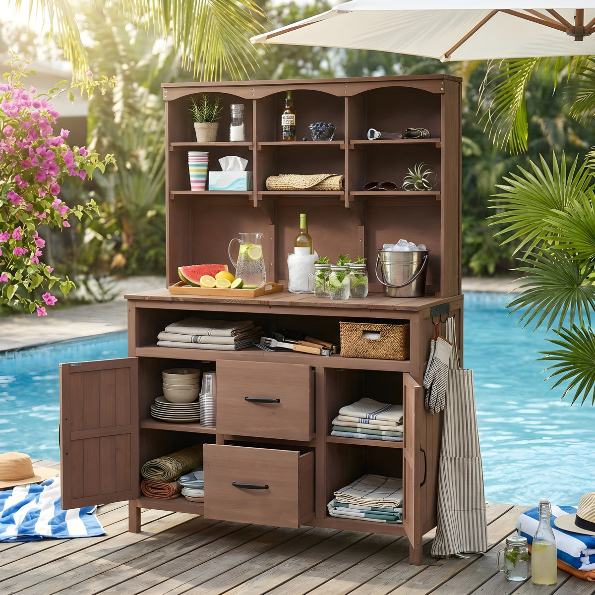 Large Fir Wood Potting Bench with Hutch and Storage - Brown
