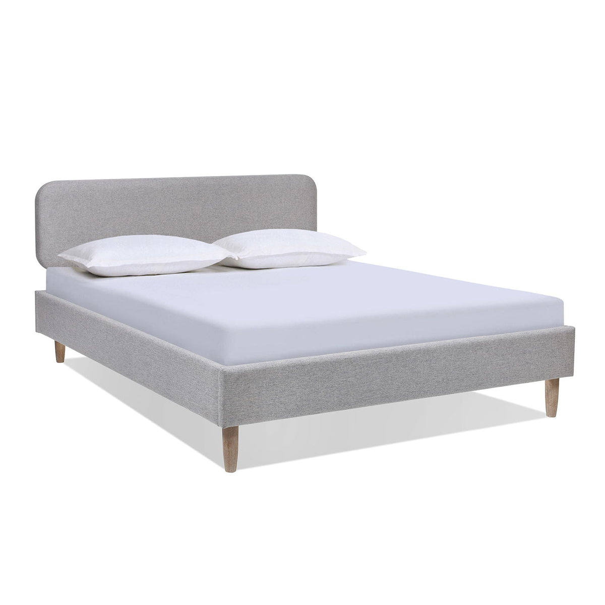 Low Upholstered Platform Bed with Natural Wood Legs - Gray
