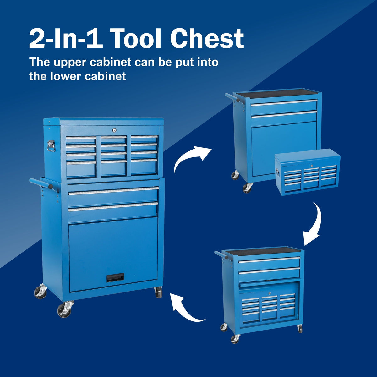 8 Drawer Rolling Tool Chest with Detachable Top Box and Lockable Wheels - Red or Light Blue