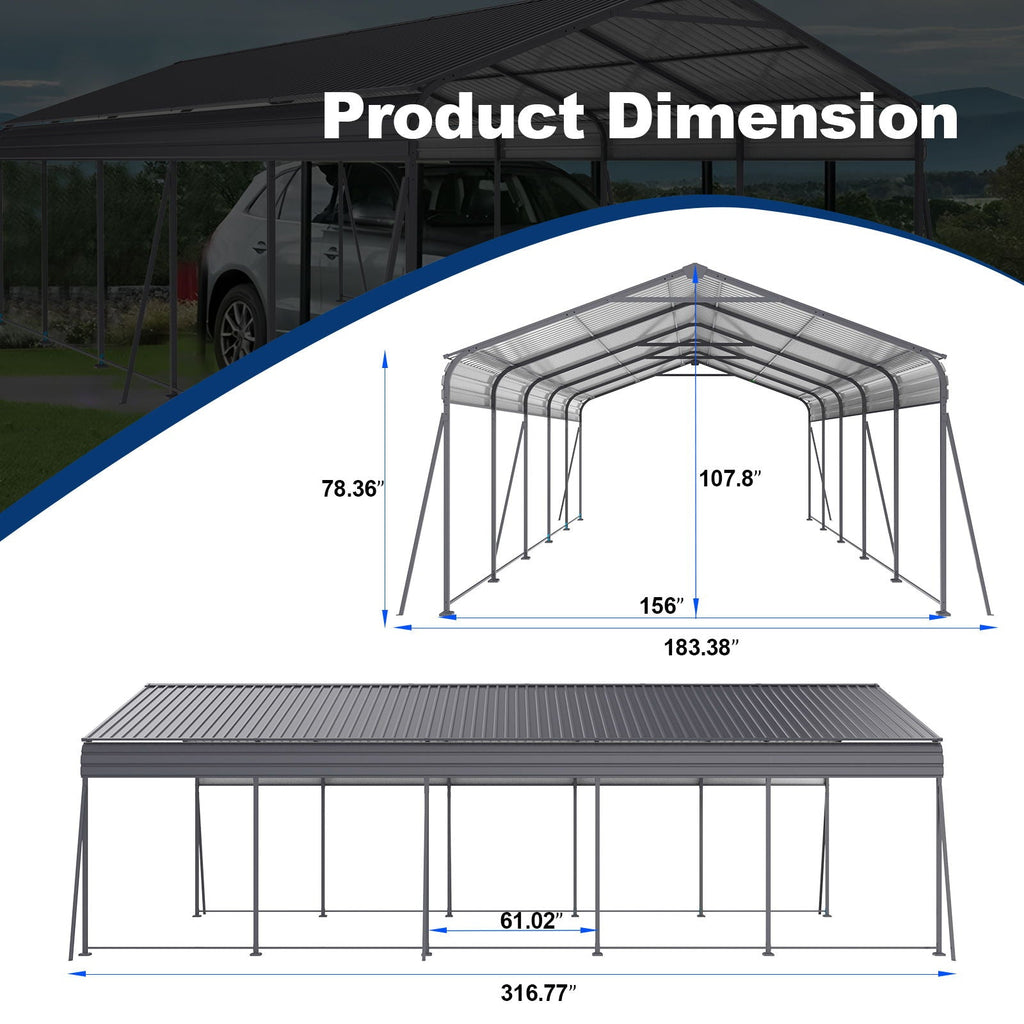 Heavy Duty Metal Carport with Galvanized Steel Roof - Gray