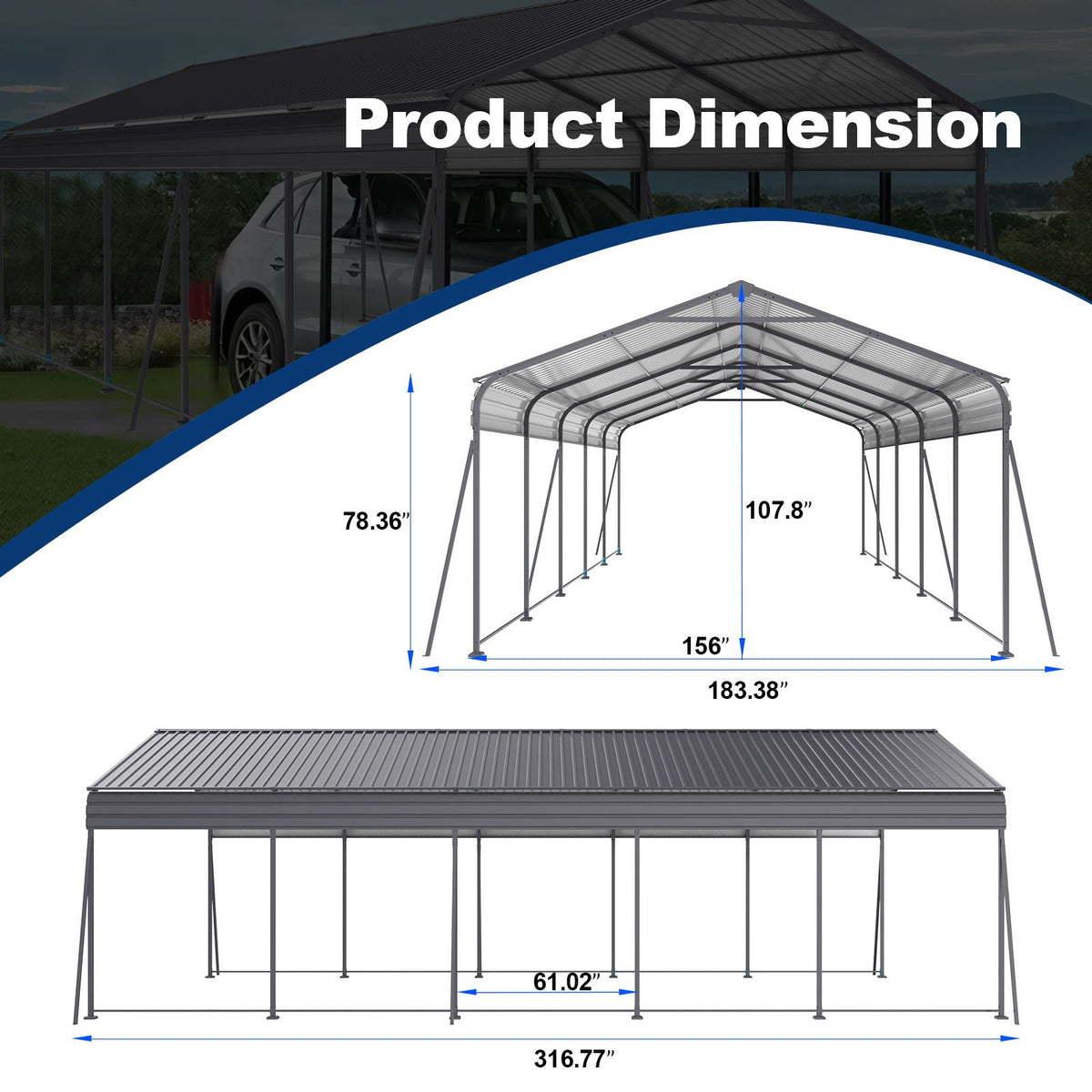 Heavy Duty Metal Carport with Galvanized Steel Roof - Gray