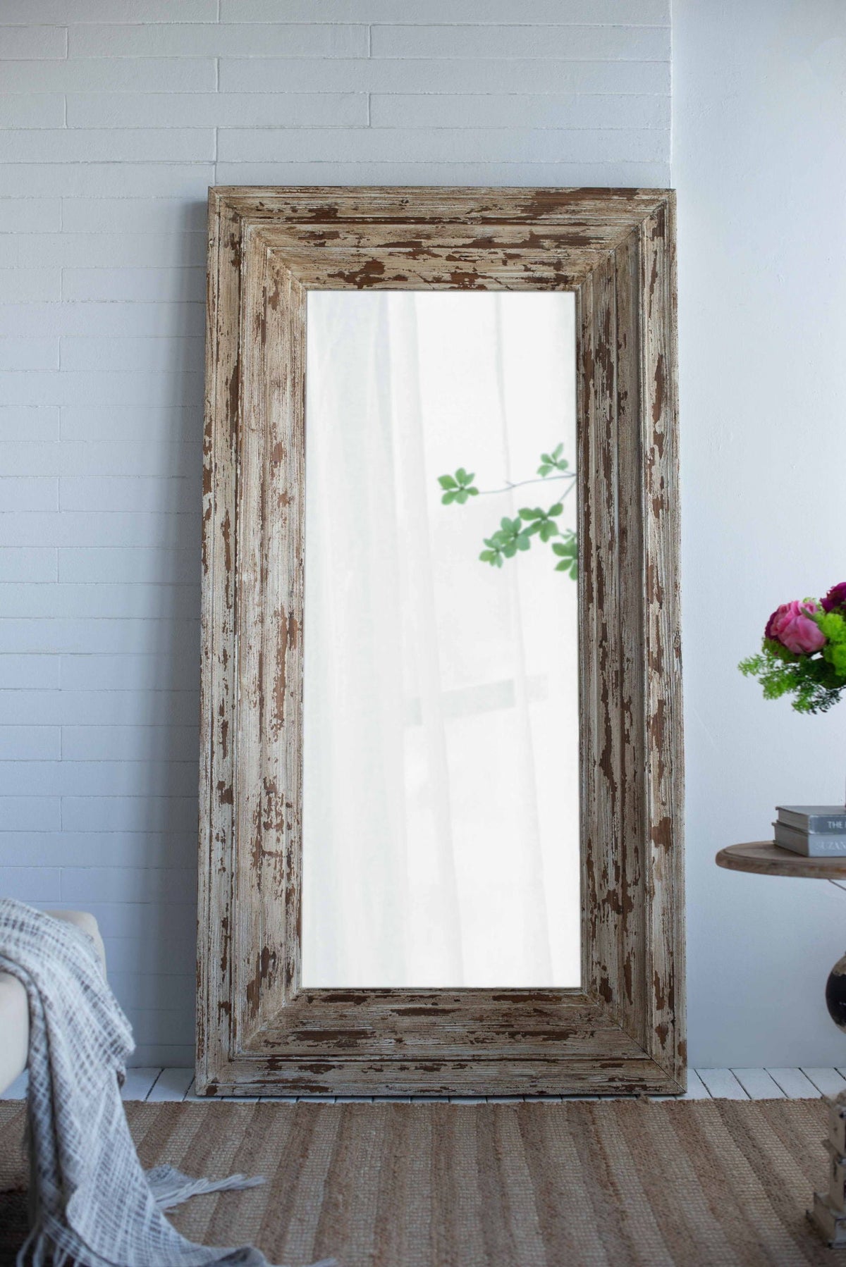 Full Length Rectangle Floor Mirror with Distressed Wood Frame - Brown