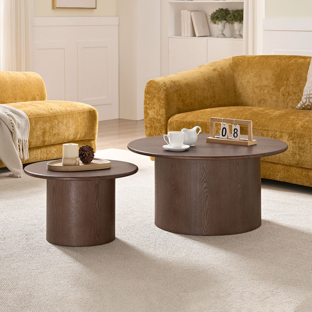 Modern MDF Round Coffee Table Set of 2 - Walnut Finish