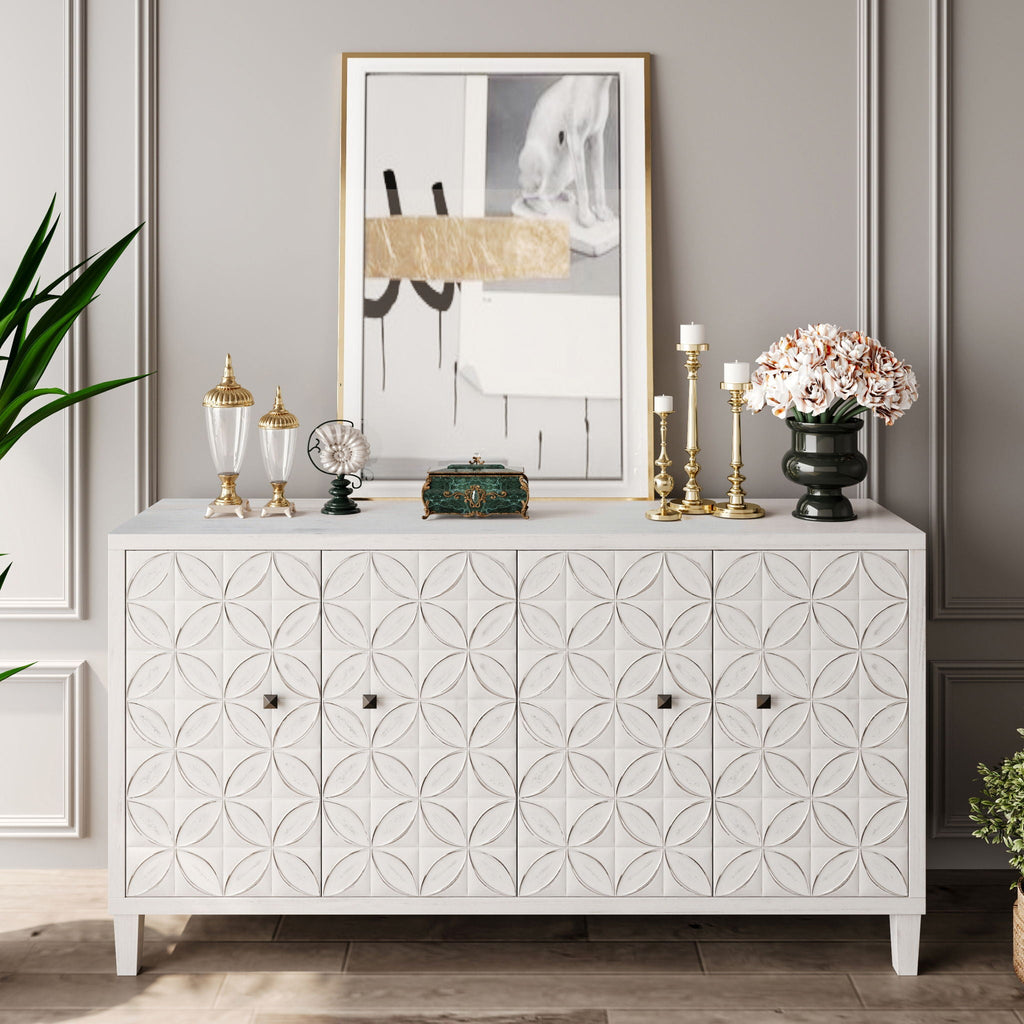 White Wash 4-Door Sideboard Cabinet with Adjustable Shelves