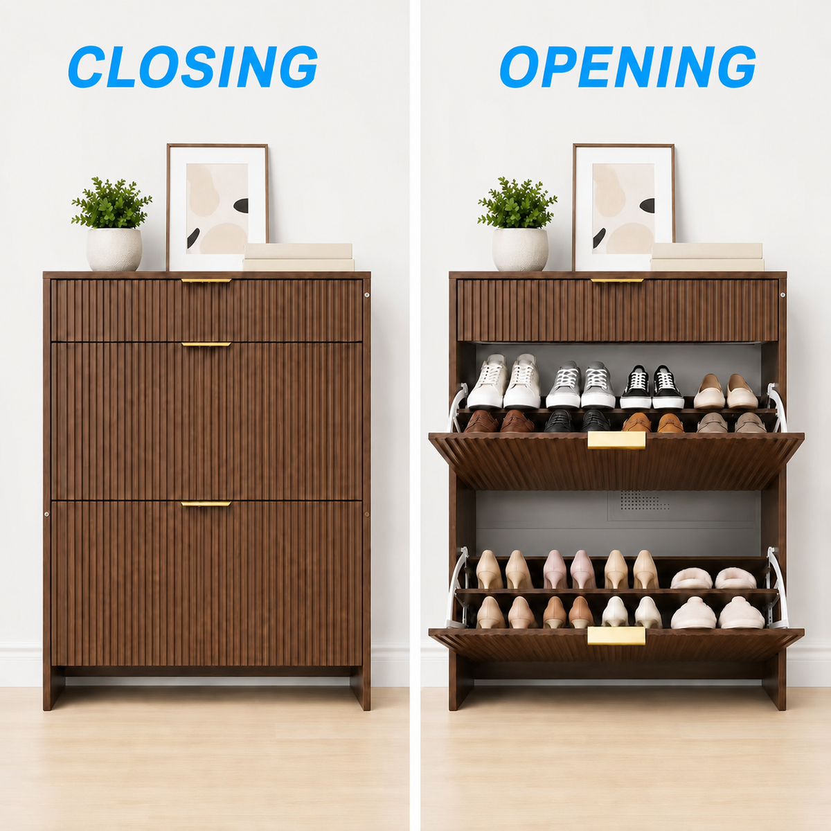 Narrow Fluted Shoe Storage Cabinet with Fluted Detailing - MDF