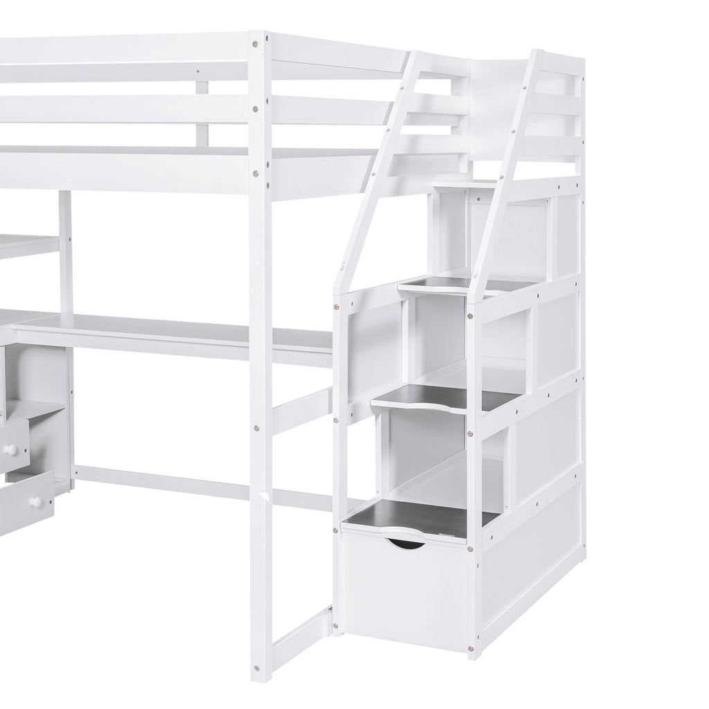Loft Bed with Desk and Storage Staircase - Full or Twin, White or Gray