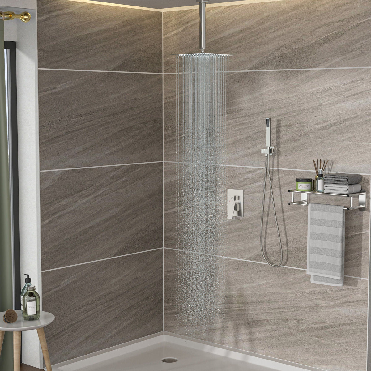 Dual Shower Head 16" Ceiling Mount Shower System with Pressure-Balanced Valve - Gray