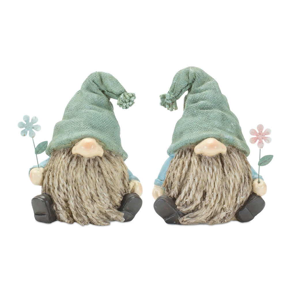 Stone Garden Gnome Figurine with Flower Stem Accent (Set of 4)