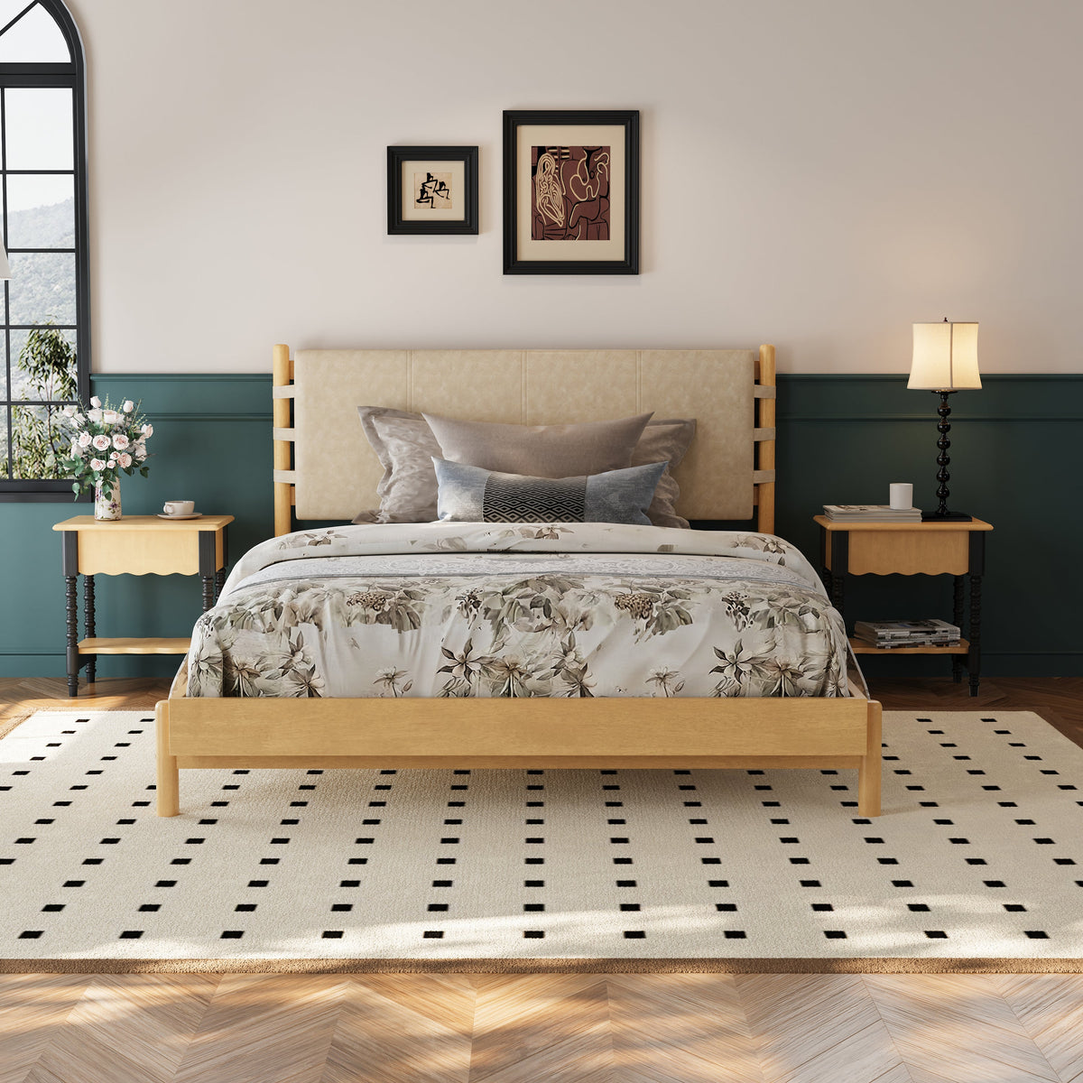 Premium Rubber Wood Platform Bed Frame, Queen Size with Headboard