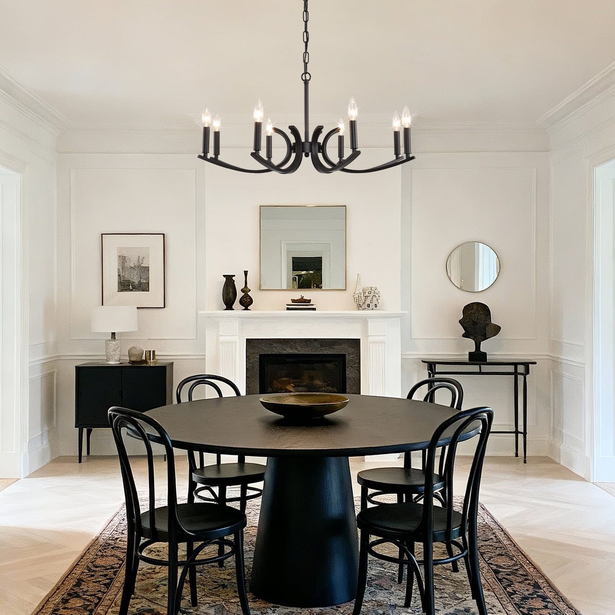 8-Light Farmhouse Chandelier with Adjustable Height - Black Metal