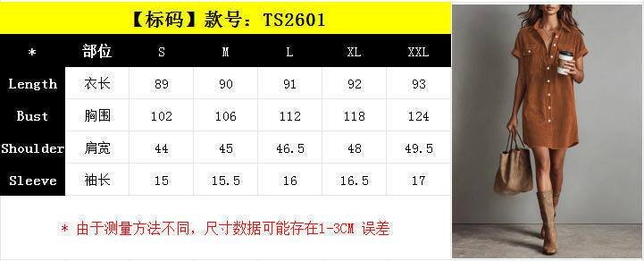 Independent Site Cross-Border Foreign Trade Retro Casual Corduroy Shirt Dress Loose Slimming Short-Sleeve Turn-Down Collar Dress Women's Clothing