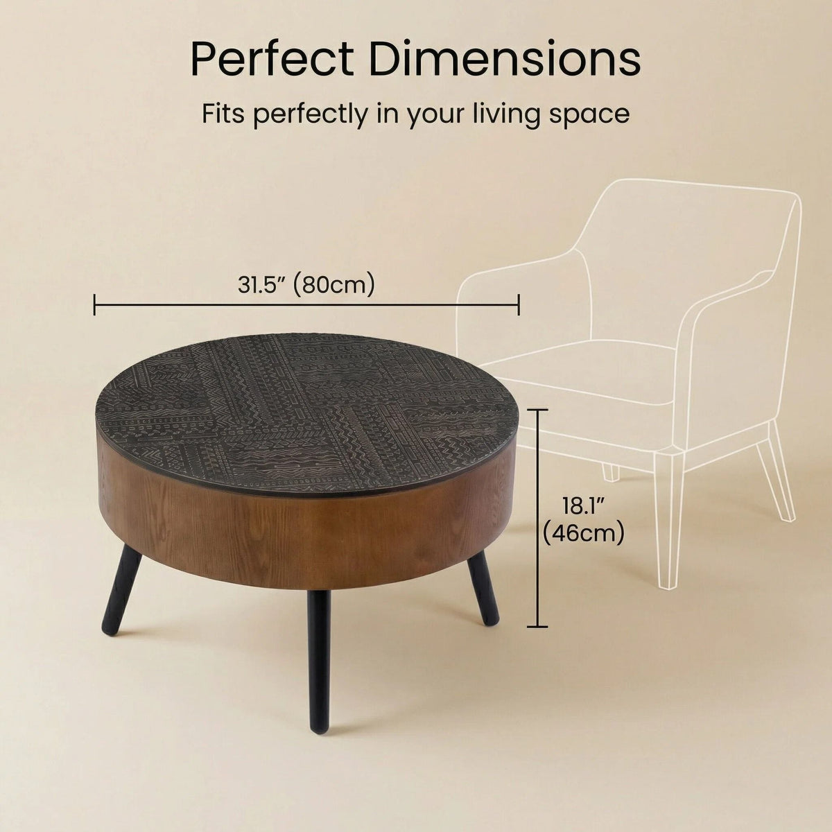 Round Coffee Table with Storage Function - Carved Wood Top - Dark Brown or Black