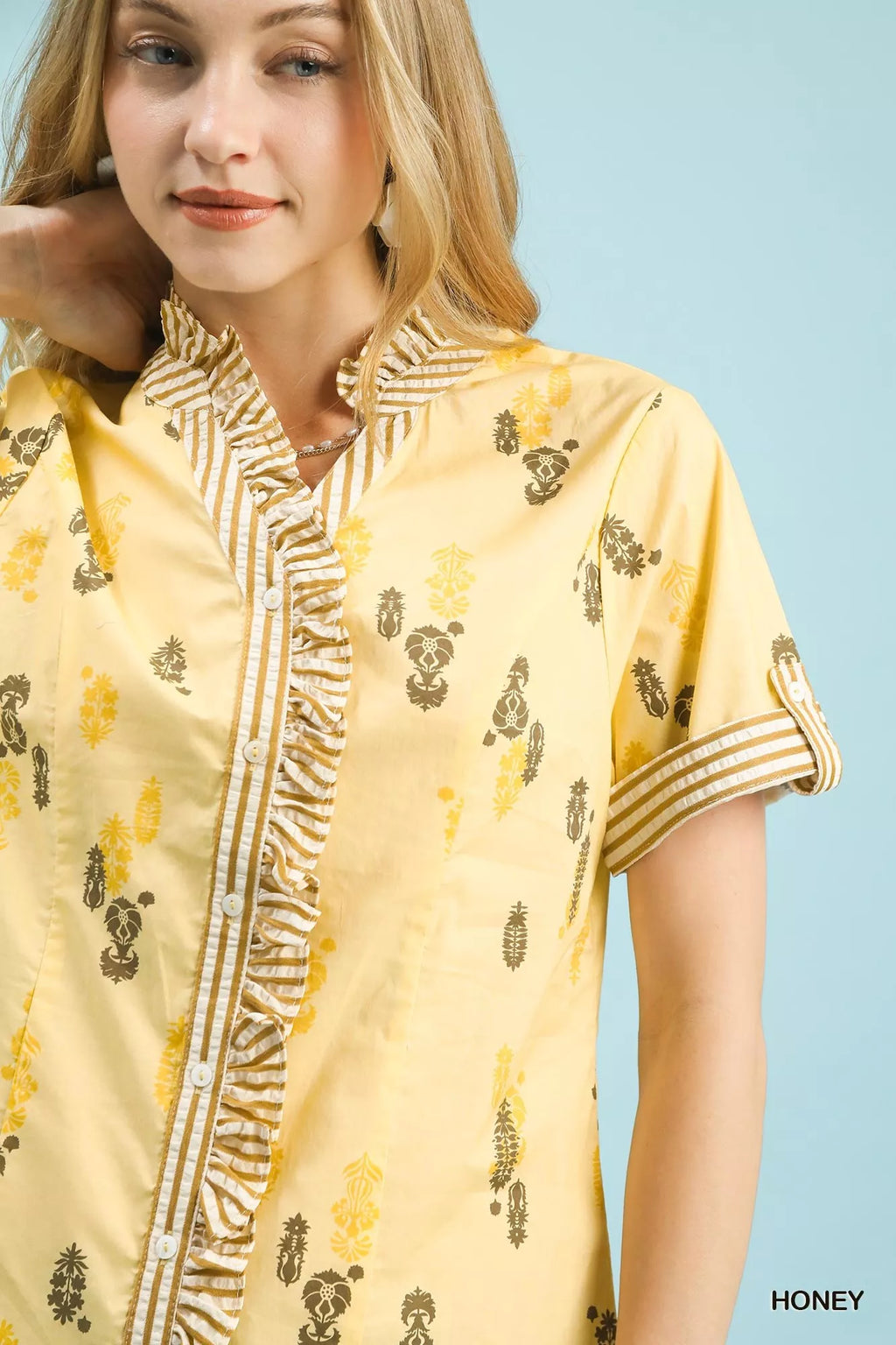 Umgee Printed Ruffle Trim Button Front Blouse
