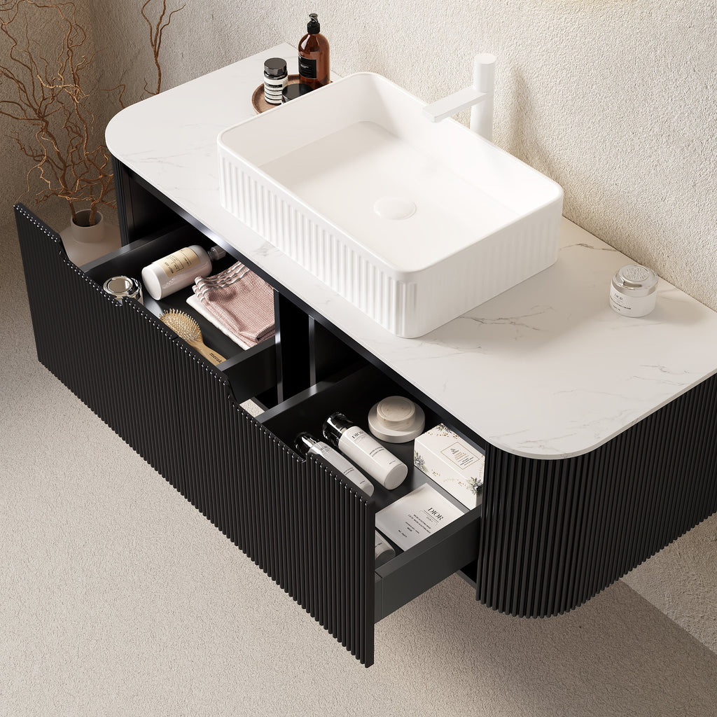 48" Bathroom Vanity with Ceramic Sink and Floating Striped Cabinet - Light Wood