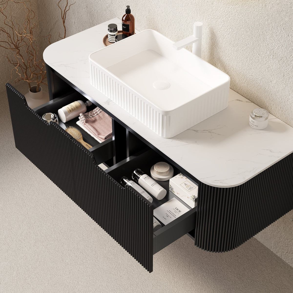 48" Bathroom Vanity with Ceramic Sink and Floating Striped Cabinet - Light Wood