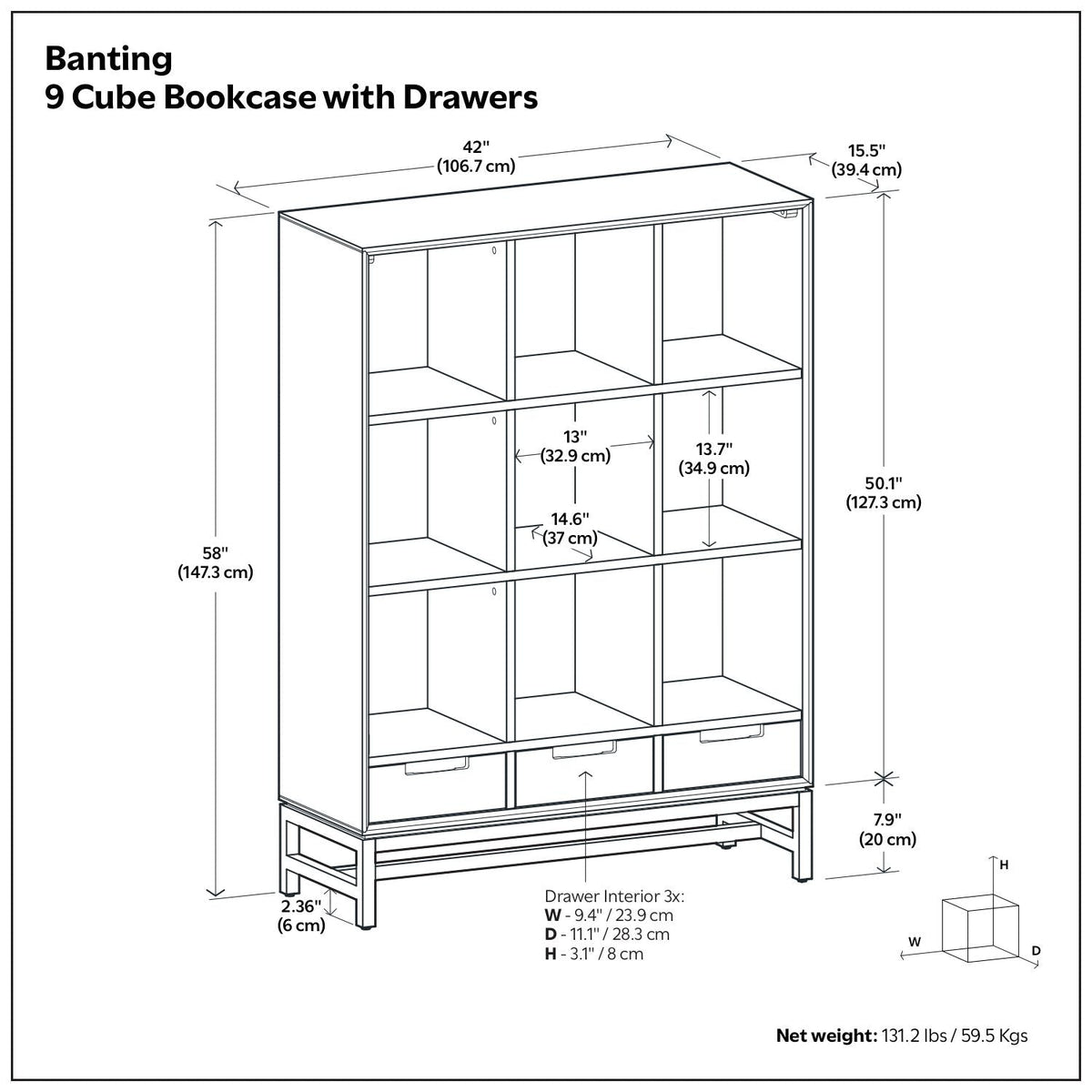 Banting - 9 Cube Bookcase With Drawers - Walnut Brown