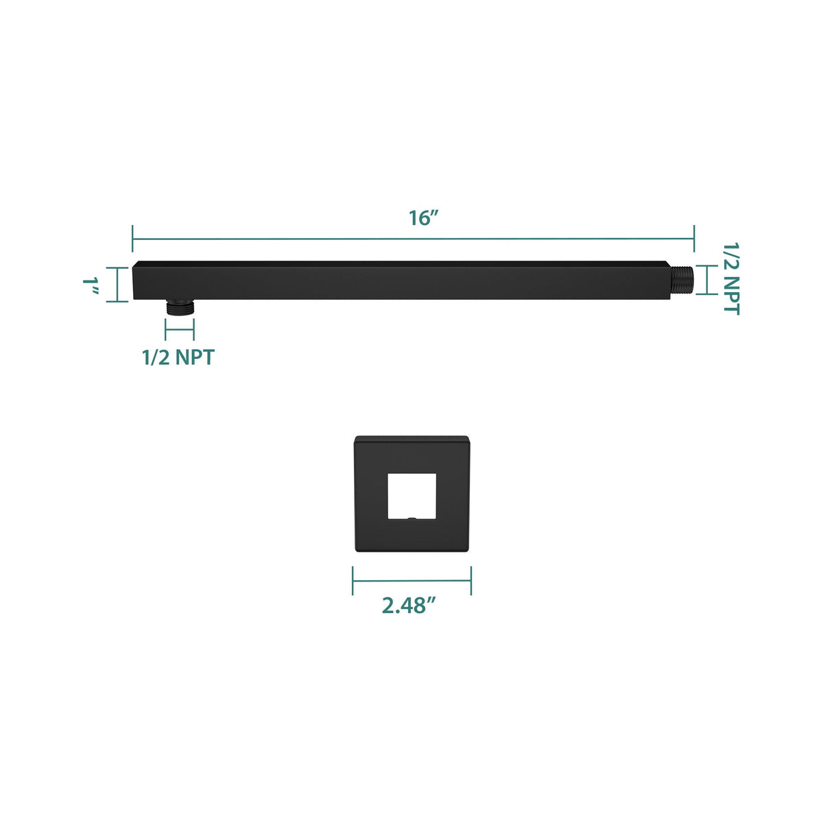 Wall Mounted Shower Arm with Flange – 16" Stainless Steel - Gold, Black, Gray