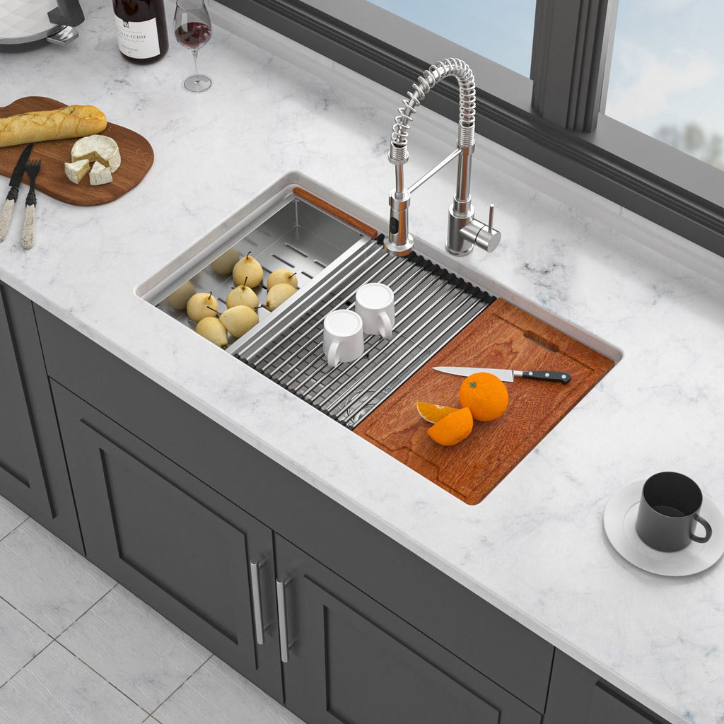 Porcelain Undermount Workstation Single Bowl Kitchen Sink – White