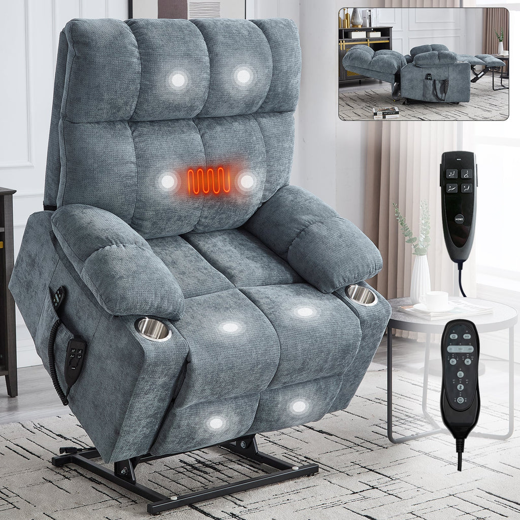 Grey Chenille Power Lift Recliner Chair with Massage - Grey