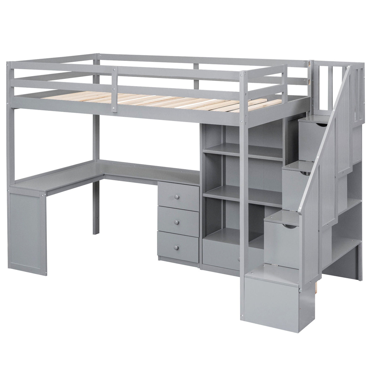 Loft Bed With L Shaped Desk, Drawers, Cabinet, And Storage Staircase