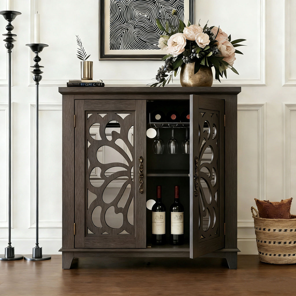 Elegant Sideboard With 2 Acrylic Mirrored Doors, Adjustable Shelf Storage