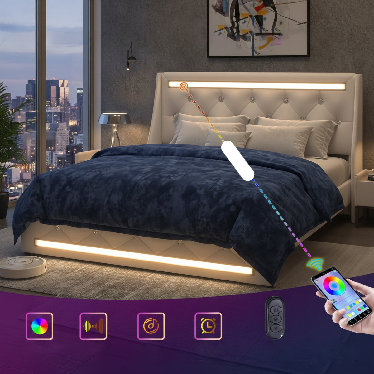 Queen Size Bed Frame with LED Lights and Charging Station