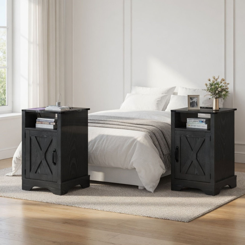 Farmhouse Nightstand with Charging Station & Storage - Multiple Colors