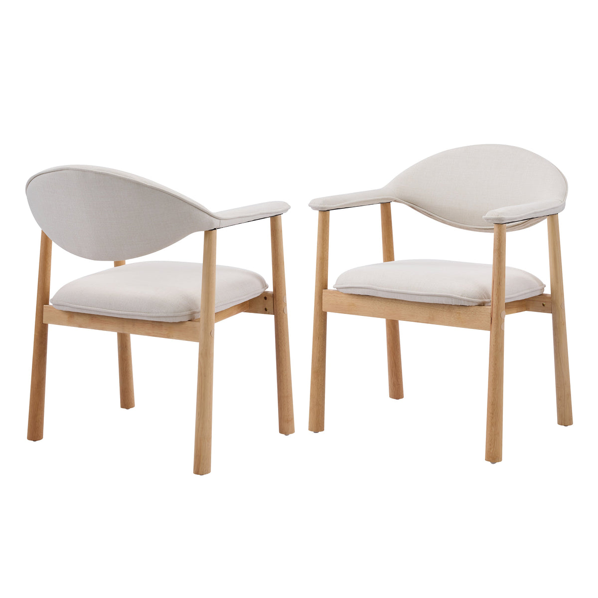 Upholstered Dining Chairs with Curved Back - Fabric and Rubber Wood - Beige or Natural